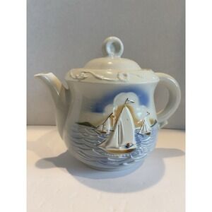 Vintage Nautical Porcelier Tea Pot w/ Lid Sailboat Vitreous China Made in USA